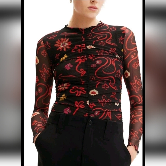 Desigual Womens Tulle Ruched Floral Artistic Long Sleeve Colorful Bodysuit L - Picture 3 of 15